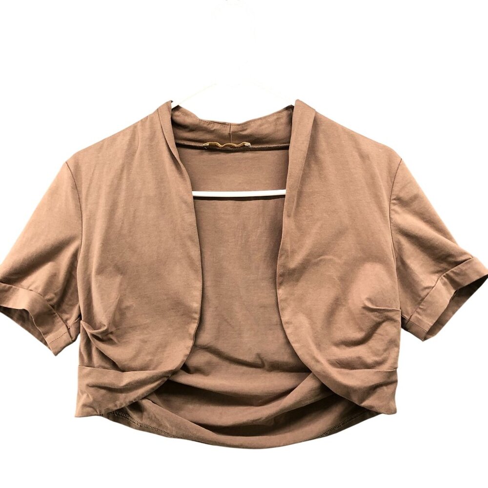 Belle Pogue Shrug‎ Womens S Light Brown Short Sleeve Stretch Ruched Sides